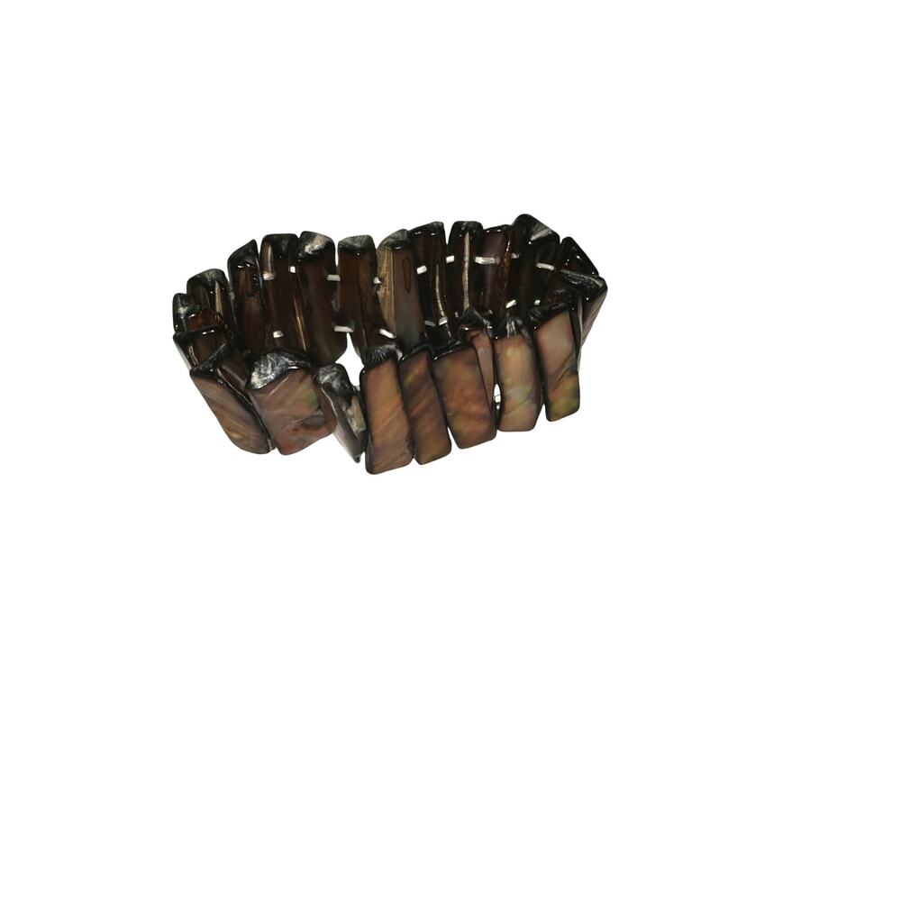 Dark Brown Mother of Pearl Abalone Shell Panel Stretch Boho Chunky Cuff Bracelet